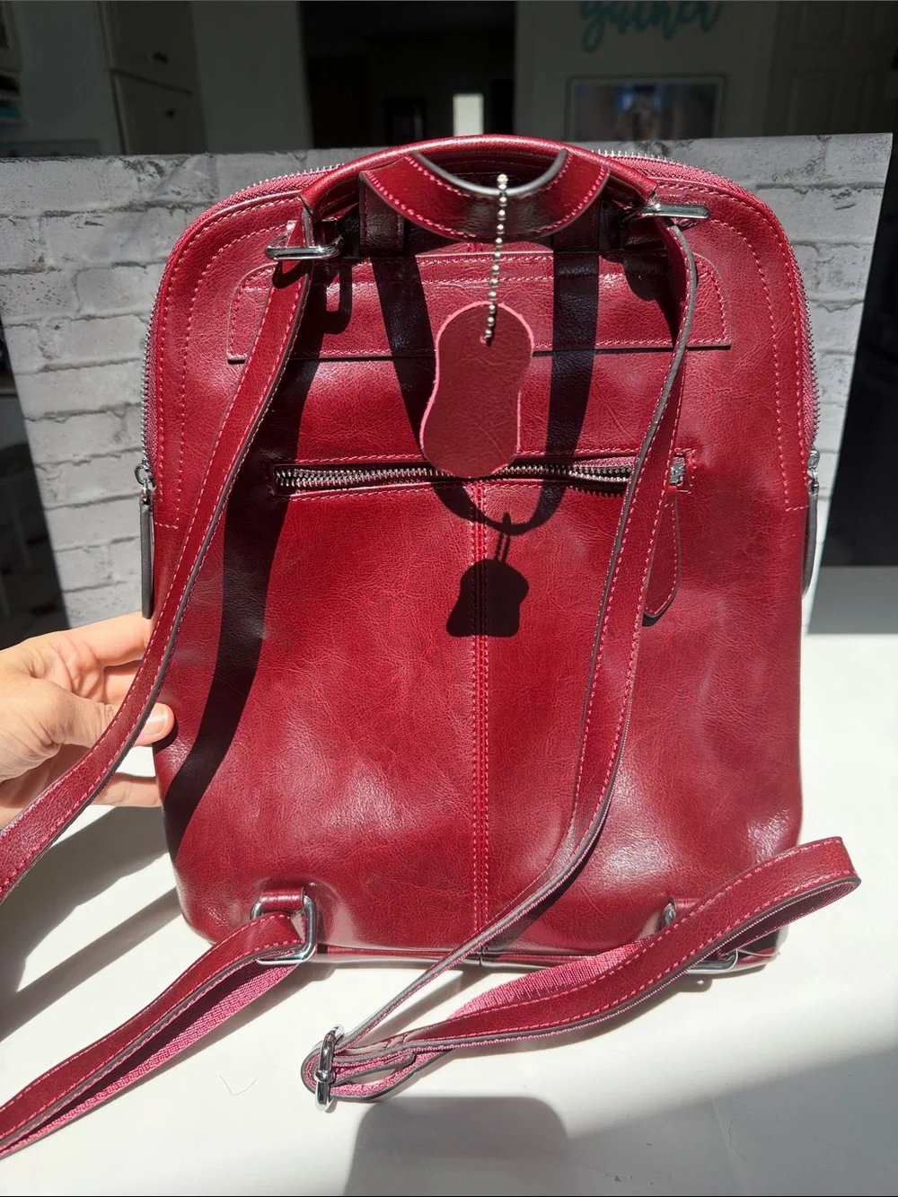 Red Leather Backpack with Front Zip Pocket